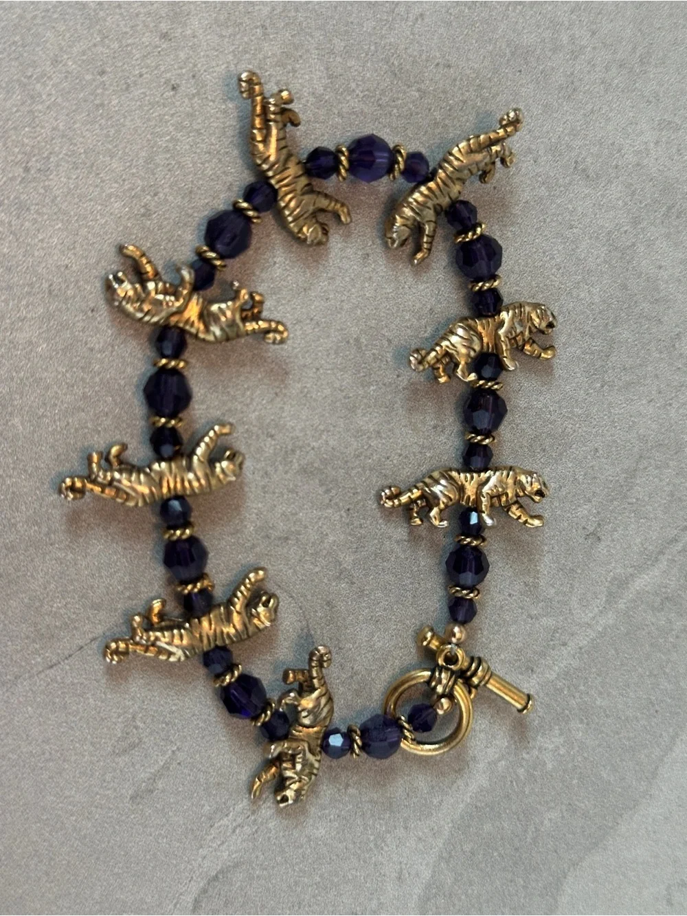 Custom Gold Tiger & Purple Crystal Bead Bracelet 8”